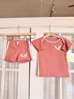 Mini Rodini Coral Pink Swan Flutter Sleeve Swimsuit Set with White Trim